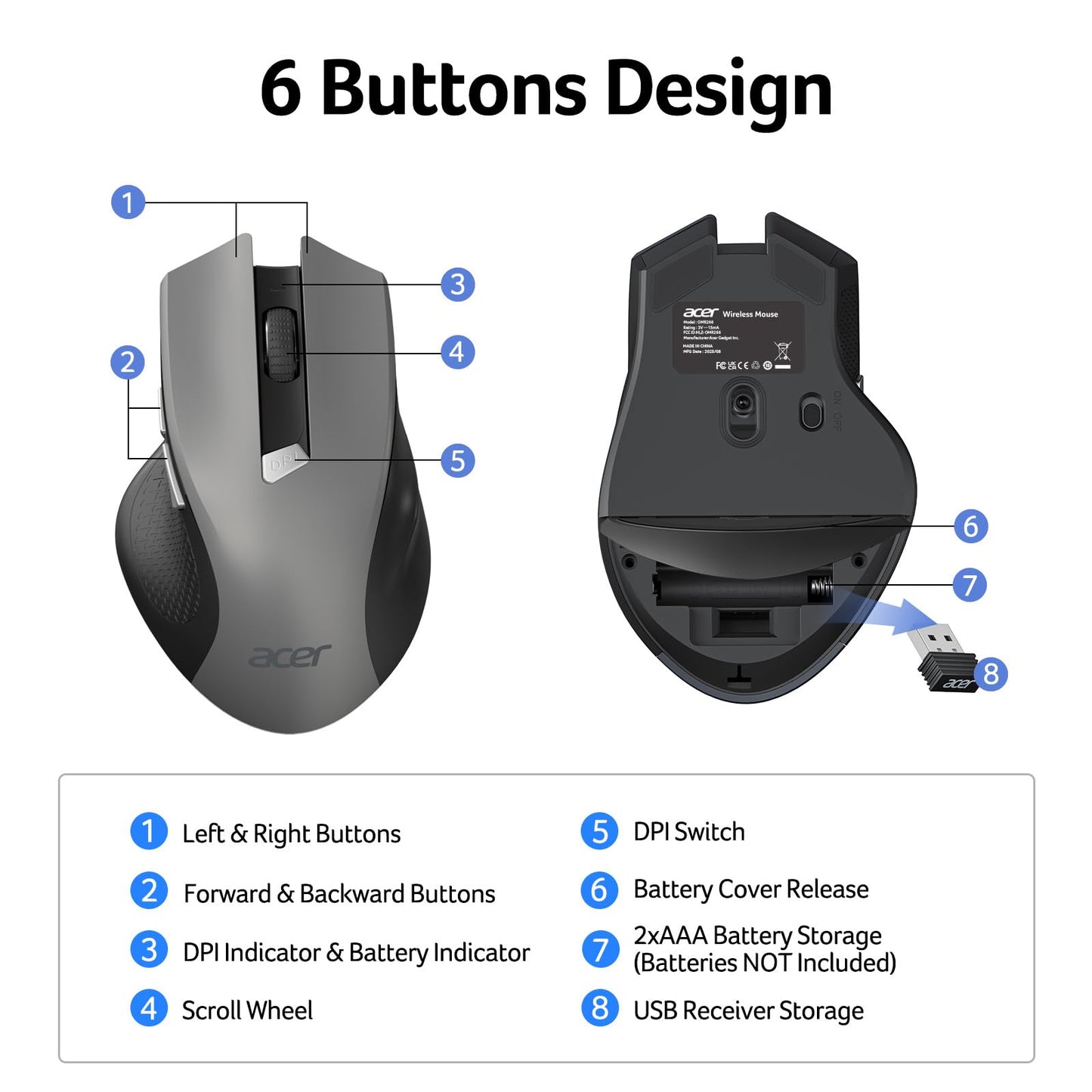 acer Wireless Mouse for Laptop, 2.4GHz Computer Mouse 3 Adjustable DPI Office Cordless USB Mice with USBA Receiver, 6 Buttons, 1600 DPI, Medium to Large Sized Hands Compatible with PC, Laptop, Desktop