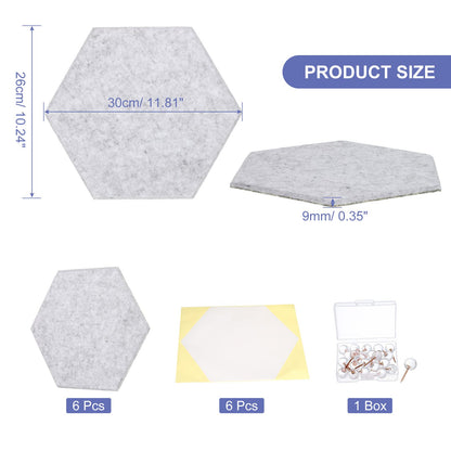 PATIKIL Felt Bulletin Board, 12"x10", 6 Packs Self Adhesive Hexagon Felt Tiles for Sound Proofing Wall Panels for Home Office Recording Studio,Game Room, Silver Gray