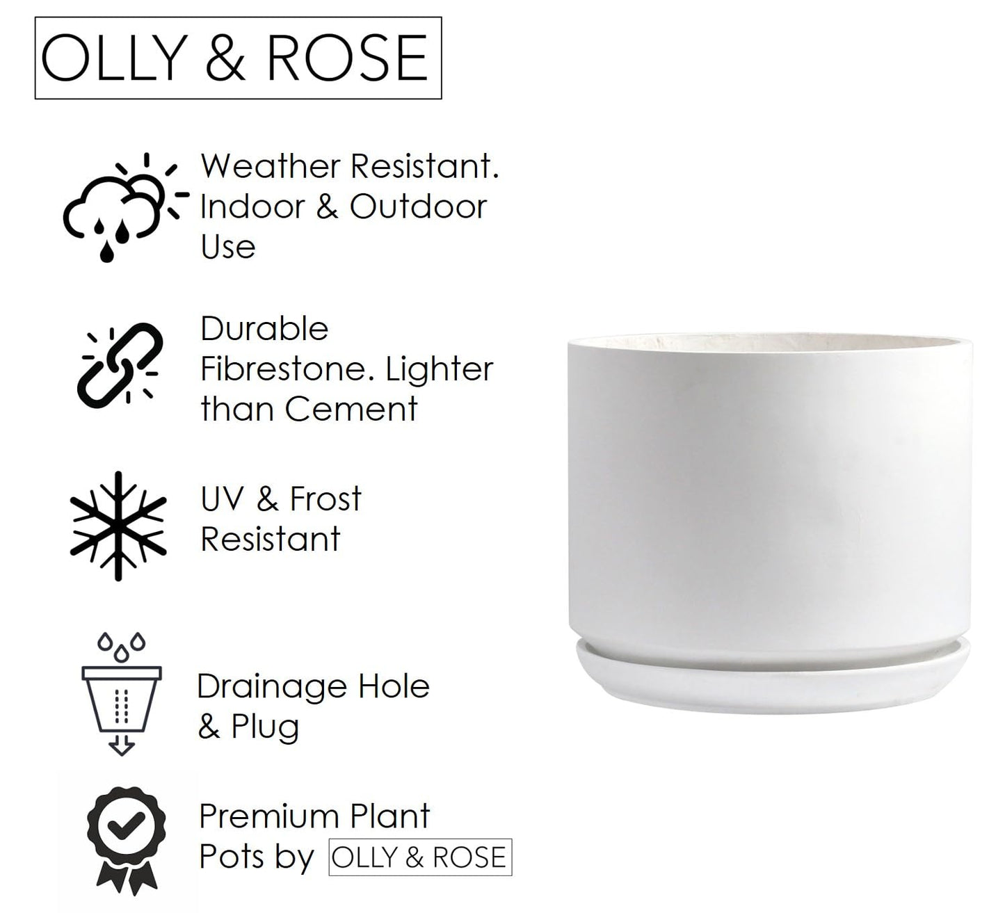 Olly & Rose Large Matt White Flower Pot Tall Planter 35.5cm Extra Large Fibre Planter with Saucer - Large Indoor and Outdoor Plant Pot