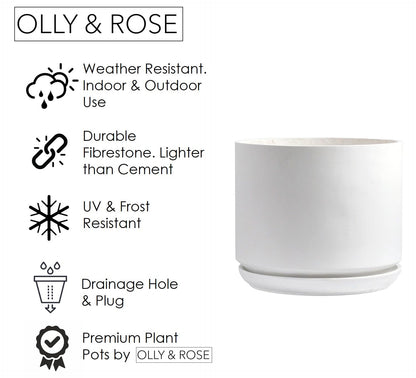Olly & Rose Large Matt White Flower Pot Tall Planter 35.5cm Extra Large Fibre Planter with Saucer - Large Indoor and Outdoor Plant Pot