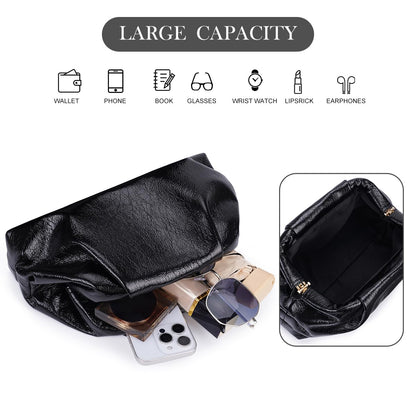MXCMXC Elegant Evening Purse Cloud Pouch Bag for Women, Metallic Leather Ruched Clutch Dumpling Handbag for Wedding Party (Silver)