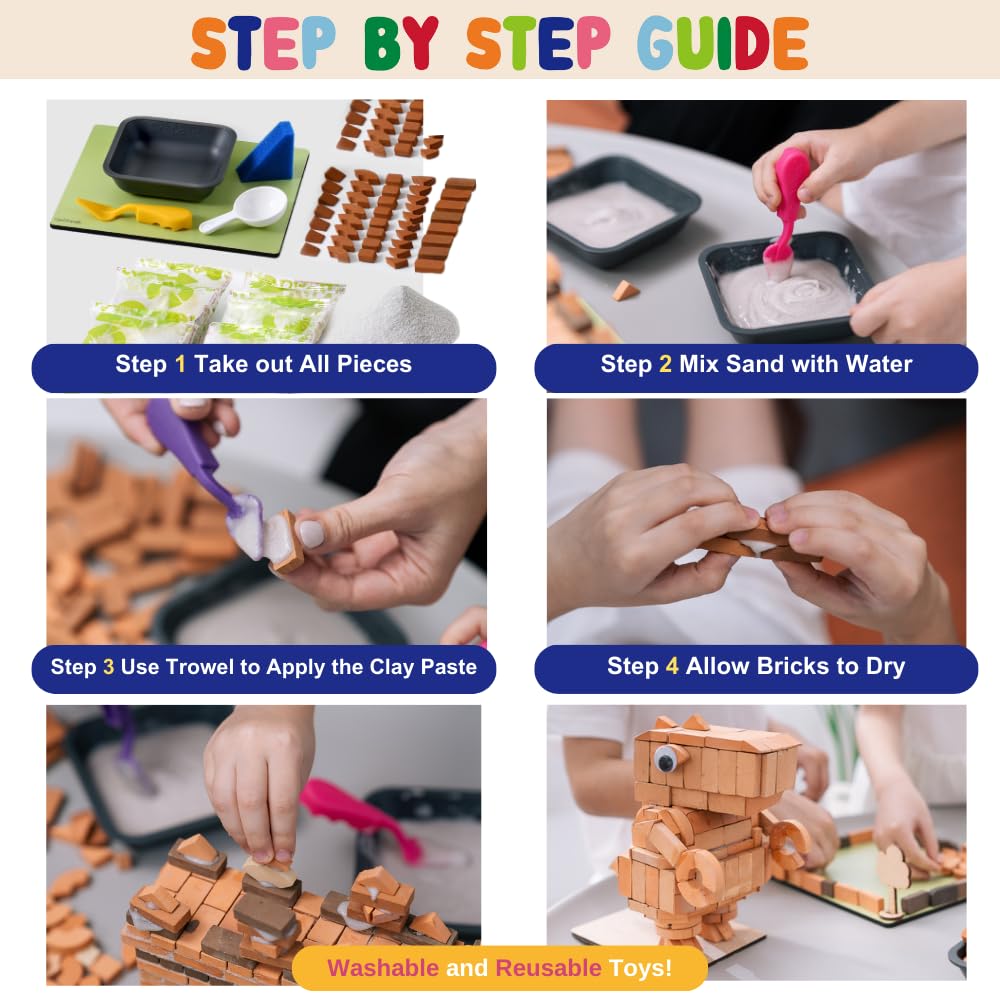 Mortar, Real Red Clay Mini Bricks Rectangle Brick Bundle, Construction Education Toy for Kids 6+ Years Old & Adults, Realistic House, DIY Garden, STEM Building Set, Washable and Reusable (50pcs)