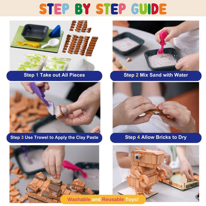 Mortar, Real Red Clay Mini Bricks Rectangle Brick Bundle, Construction Education Toy for Kids 6+ Years Old & Adults, Realistic House, DIY Garden, STEM Building Set, Washable and Reusable (50pcs)