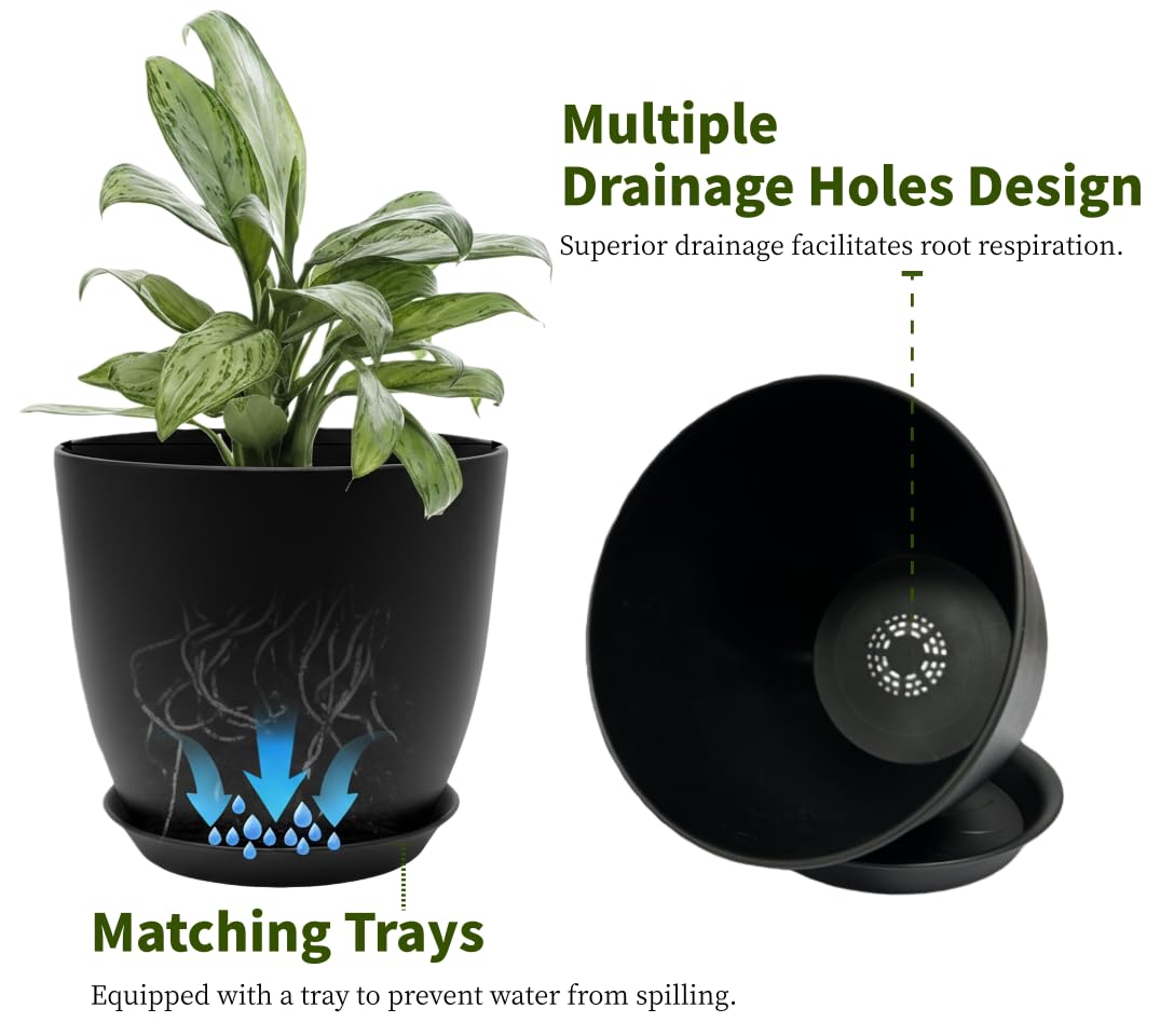 Vanslogreen Plant Pots 8 Inch Set of 6, Flower Pots with Drainage Holes and Saucer, Plastic Garden Planters for Indoor & Outdoor Plants (Black)