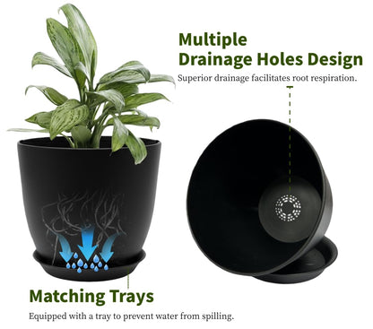 Vanslogreen Plant Pots 8 Inch Set of 6, Flower Pots with Drainage Holes and Saucer, Plastic Garden Planters for Indoor & Outdoor Plants (Black)