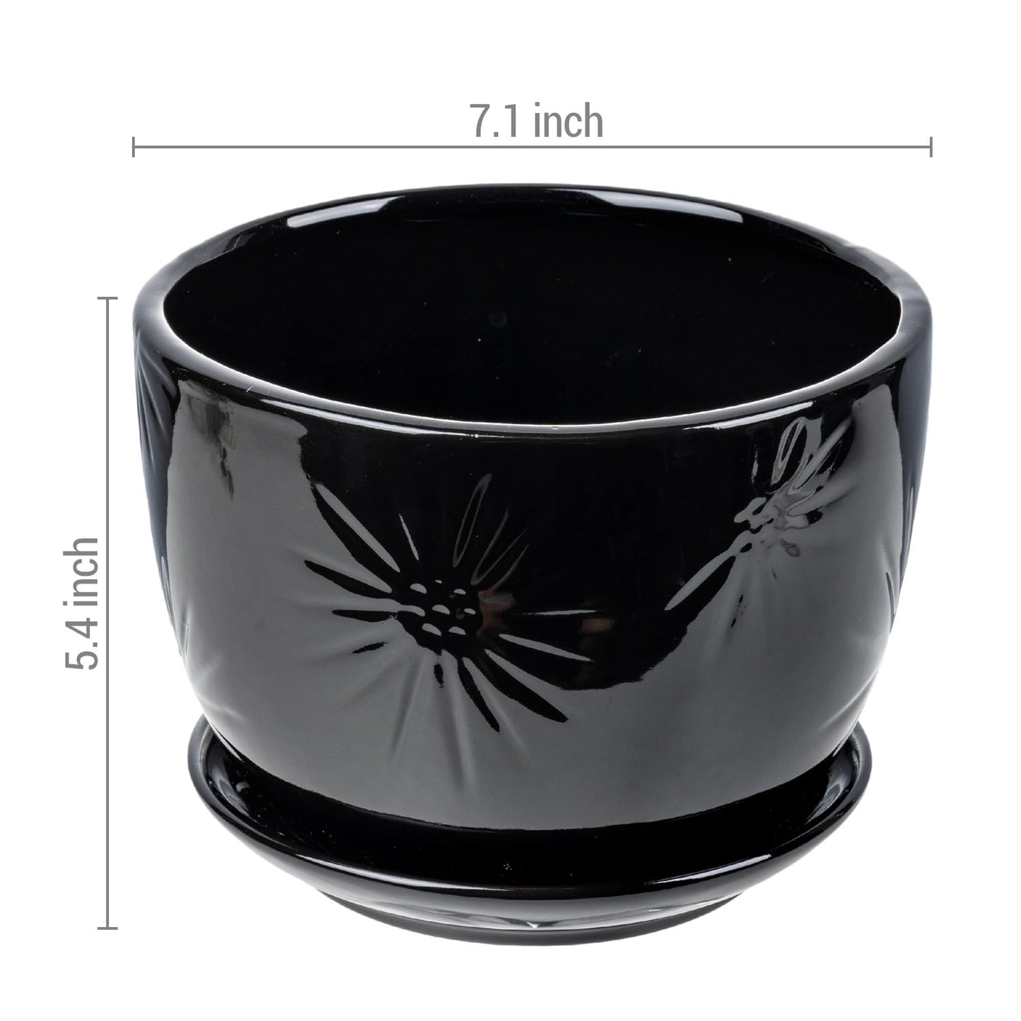 MyGift 7 Inch Glossy Black Ceramic Plant Pot with Drainage Hole and Attached Saucer, Modern Decorative Embossed Sunburst Planter Container for Indoor Home Garden