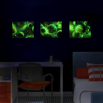Quanhaigou Glow in The Dark 3D Space Wall Decals, Set of 3 Galaxy Window Stickers for Wall,Planet Themed Room Decor for Kids Boys (Galaxy Glow Green)