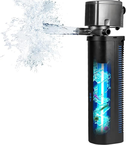 Aquarium Large 100-300 Gallon Fish Tank Filter U-V Dual Spout 600GPH Silent Canister Internal Filter Cold Plunge Tub Koi Pond Filter, Green Clean Machine Deodorization for Saltwater Freshwater