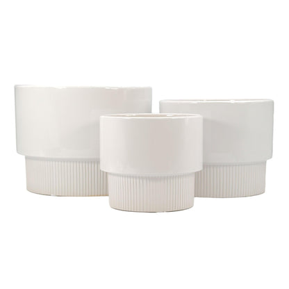 Galt International Set of 3 (8", 10", 12") Mid Century Modern Off White Flat Ribbed Ceramic Planter Pots Flower Pot Indoor House Plants Decor w/Drainage Hole & Plug