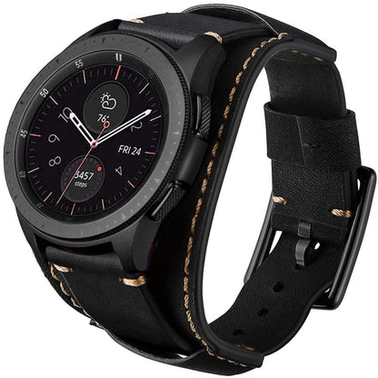 Sjiangqiao Compatible with Samsung Galaxy Watch 46mm/Gear S3 Frontier/Classic Bands, 22mm Vintage Genuine Leather Replacement Strap Cuff Bracelet Wristband Accessories Wrist Belt for Men Women(Black)