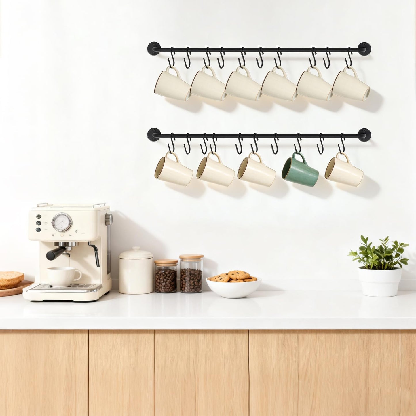 Mkono Mug Holder Wall Mounted Coffee Cup Rack Hanger Modern Metal with 20 Mug Hooks Rustic Utensil Tea Cups Storage Organizer for Kitchen Dining Room Coffee Bar, Set of 2, Black