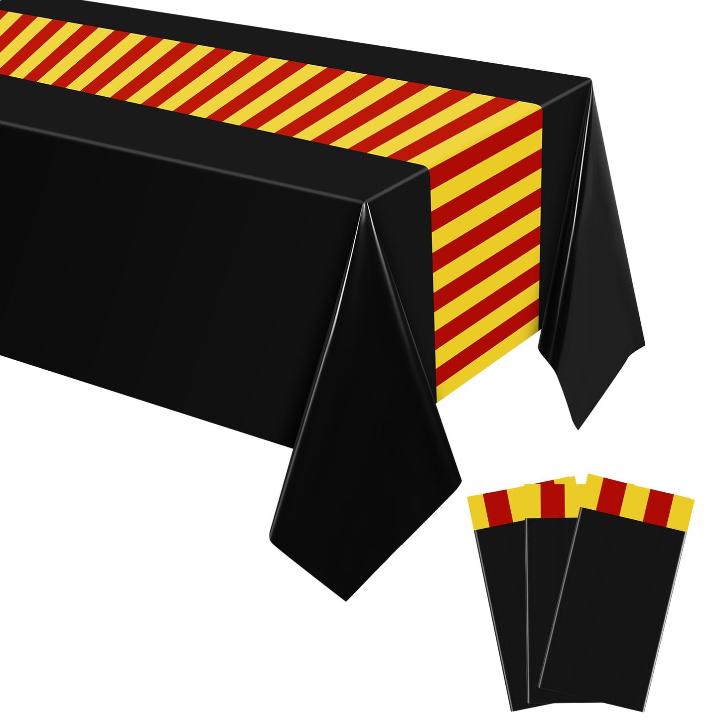Oudain 3 Pcs Wizard Tablecloth 54 x 108 Inches Plastic Black Table Cover Red Golden Tablecloth Disposable Magical Party Supplies for Halloween Witch Birthday Party Decoration (Black Stripes)