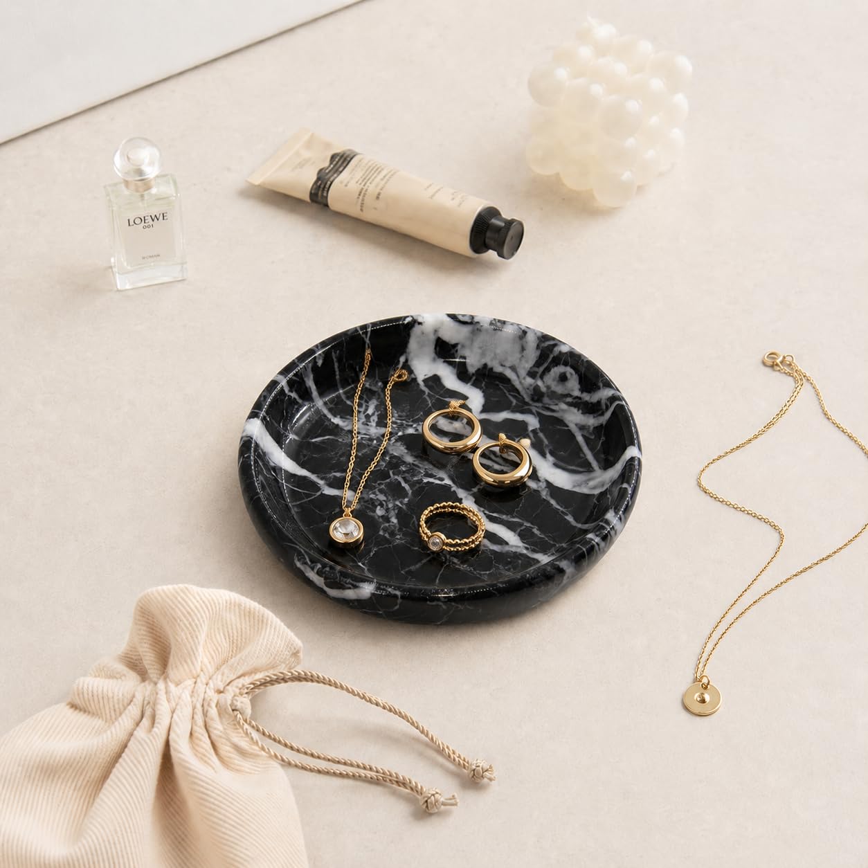 Small Natural Marble Jewelry Tray Key Plate Holder Dish Trinket Decor Catch All Bowl for Ring Earring Stone Gift for Women Daugther,Black,5.5"
