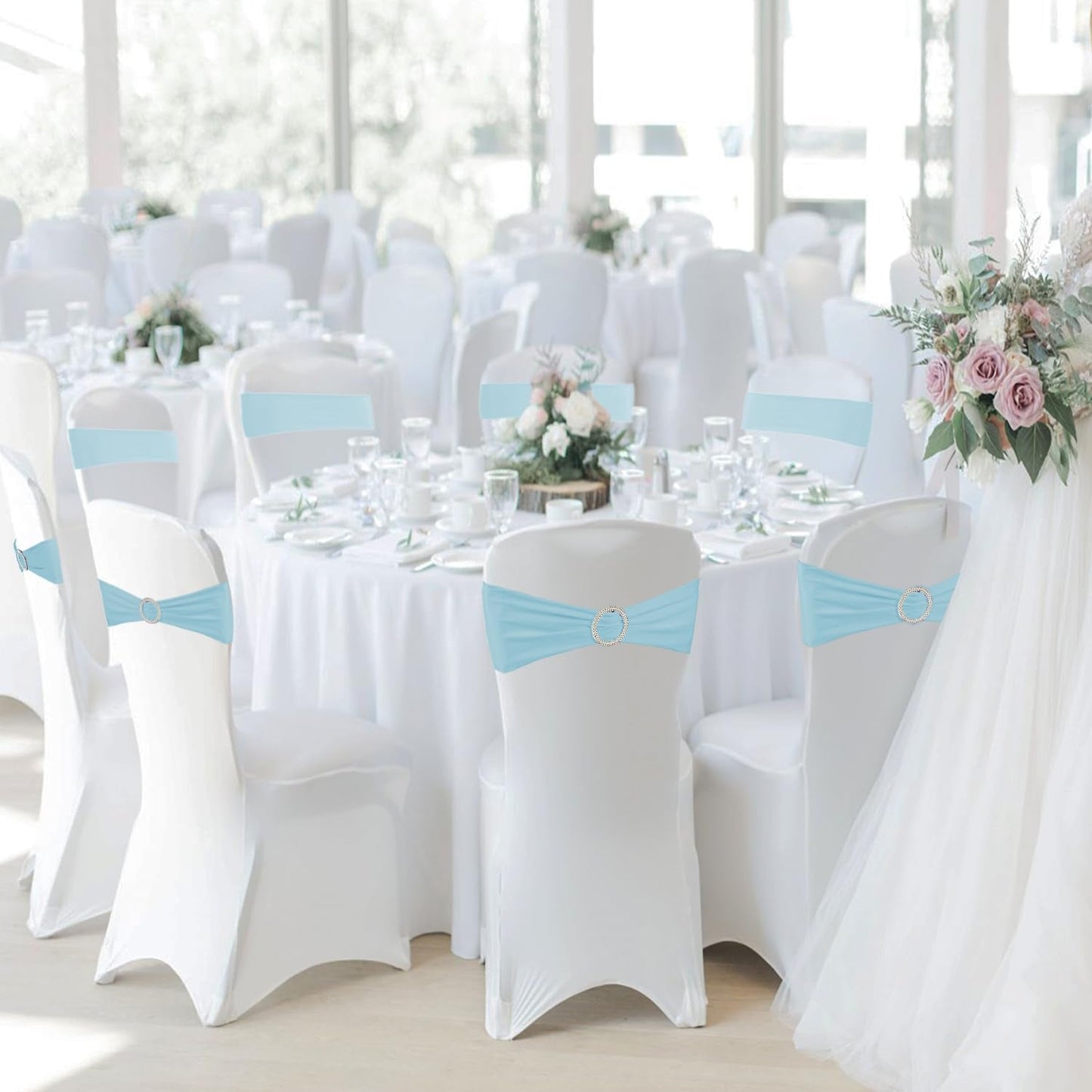 WJWHQ 100PCS Spandex Stretch Chair Sashes Bows Elastic Chair Cover Bands Ties with Buckle Slider for Wedding Party Reception Events Universal Ceremony Banquet Decorations(Baby Blue)
