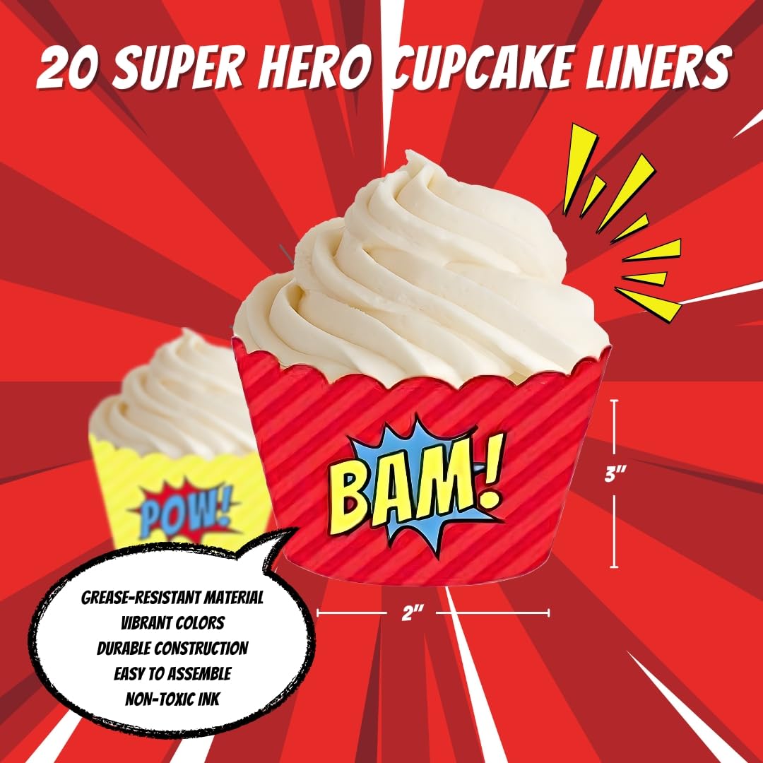 Andaz Press Birthday Cupcake Wrappers, Superhero Pow Bam, 20-Pack, Decor Decorations Wraps Cupcake Muffin Paper Holders Superhero Cupcake Wrappers