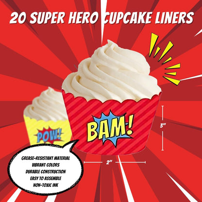 Andaz Press Birthday Cupcake Wrappers, Superhero Pow Bam, 20-Pack, Decor Decorations Wraps Cupcake Muffin Paper Holders Superhero Cupcake Wrappers