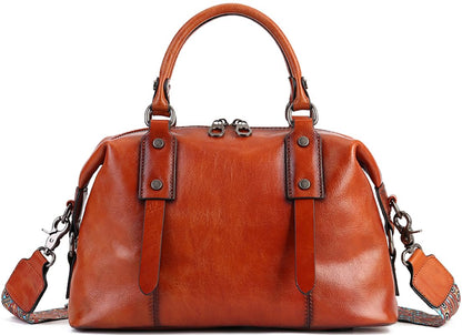 Genuine Leather Women's Handbags Travel Purses Top Handle Barrel Satchel Shoulder Hand Bags leather crossbody bags for Women Retro Tote Bag Brown