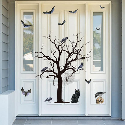 Halloween Horror Tree Wall Decals Scary Gothic Black Crow Bat Cat Wall Stickers Halloween Wallpaper Peel and Stick Removable Wall Art Decal for Bedroom Living Room