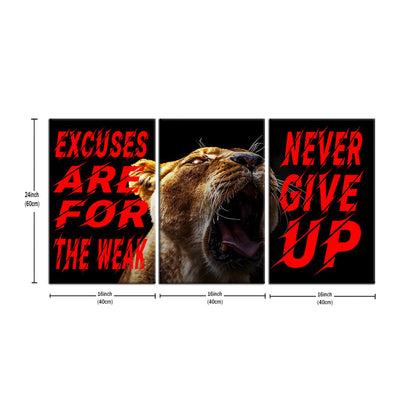 YSPCSUN Triptych Wall Decor Inspirational Posters for Office, Roaring Lion Excuses Quote 3 Panel Canvas Prints for Home Office Dorm Gym Room, 48x24 Inch Display Print Decor