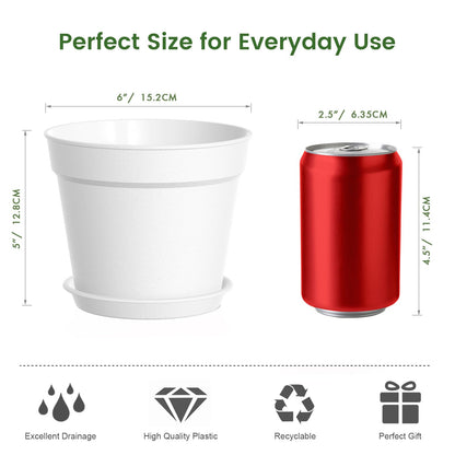 10 Pack 6 Inch Plant Pots with Drainage and Saucers, White Plastic Flower Pots for Indoor and Outdoor Plants, Stackable Nursery Planters for Houseplants and Herbs, White