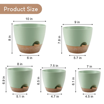 YNNICO Plant Pots 10/9/8/7.5/7 inch, Self Watering Planters with Drainage Holes & Saucers for Indoor and Outdoor Plants (Green)