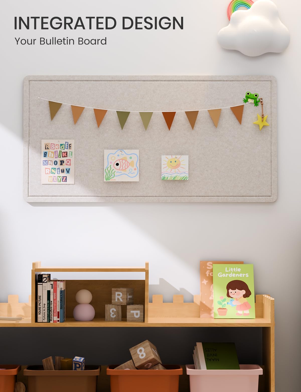 Fluxynara Bulletin Board, 35" x 17.5" Cork Board Alternative with 12 Safe Removable Adhesive Tabs, Foldable Felt Pin Board for Home Office, Classroom, Bedroom,Entryway for Walls—Oatmeal