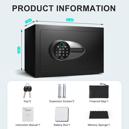 BONANO 0.5 Cub Small Safe Box, Biometric Safe with Backlit Touch Screen Keyapd and Dual Alarm System, Small safes for Home Use Fire and Water Proof Money Valuables Jewelry and Documents