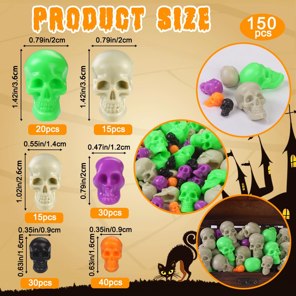 Vellibring 150 PCS Halloween Mini Skull Heads Decoration, Plastic Miniature Decorative Skulls DIY Resin Skeleton Head Figurines for Halloween Vase Filler Trick Toy Party Table Decor