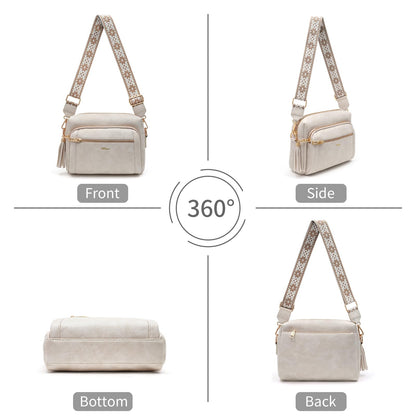 HILAEX Small Leather Crossbody Bags for Women Anti theft Purses and Handbag Shoulder Hangbag with Wide Strap Tassel Beige