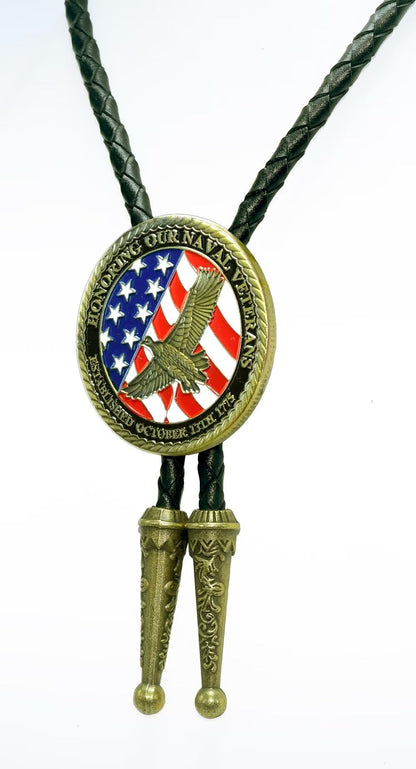 Moranse Bolo Tie with Fluttering American Flag Patriot Style Genuine and Cowhide Rope