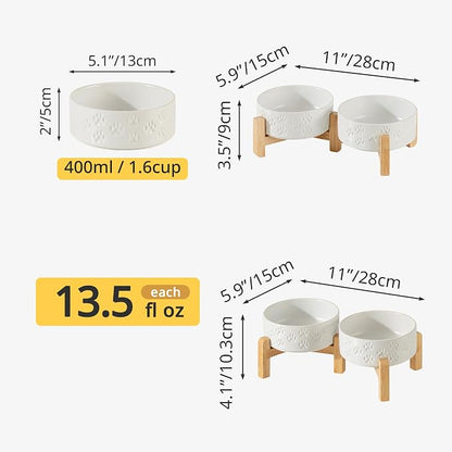 Elevated Ceramic Dog Bowl Set, 5.1" Dog Bowls with Dual Fixed Heights Stand, Elevated Food & Water Bowls for Adult Cats, Small-Breed Puppies, Non-Slip (Double Bowls + Stand - White, 5.1 inch)