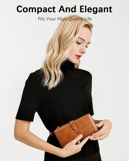BOSTANTEN Leather Wallets RFID Blocking Large Capacity Trifold Card Holder Ladies Phone Clutch Brown