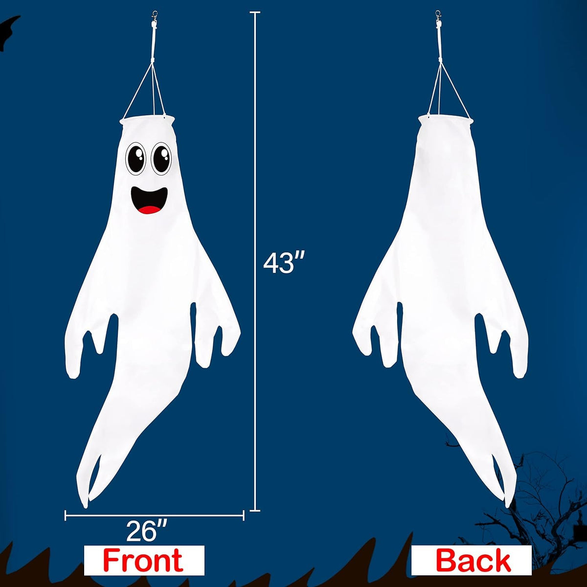 Geefuun 2PCS Warm Halloween CuteGhost Windsocks Hanging Decorations - 43 Inch Flag Wind Socks for Home Yard Outdoor Decor Party Supplies (Batteries Not Included,No Timer)