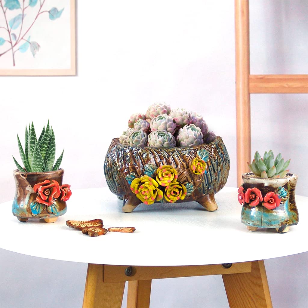 Summer Impressions 6.3 Inch Succulent Pot Handmade Flower Design Round Ceramic Antique Plant Pot Cactus Pot Planter with Drainge and Mesh Pad (Yellow)