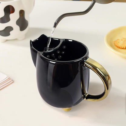Christmas mugs Ceramic Cat Mug with Tea bag– 17oz Unique Coffee Cup with kitty Expression Design, Fun Gift for Women, Girls, Kids, Cat Lovers (BLACK)