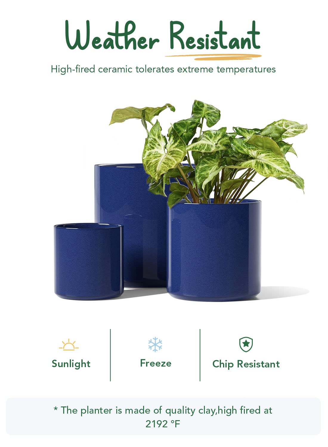 LE TAUCI Ceramic Pots for Plants, 10/8/6 Inch Indoor Planters with Draiange Hole, Silicone Plug & Mesh Pad, Modern Minimalist Pots for Home Office, Set of 3, Glossy, Midnight Blue