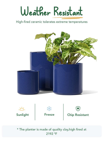 LE TAUCI Ceramic Pots for Plants, 10/8/6 Inch Indoor Planters with Draiange Hole, Silicone Plug & Mesh Pad, Modern Minimalist Pots for Home Office, Set of 3, Glossy, Midnight Blue
