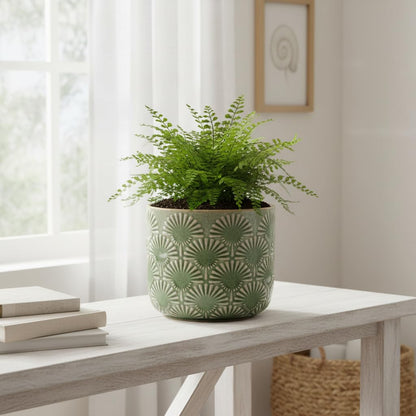 Xiaan Jiaju Boho Embossed Ceramic Flower Pot, 6.7 Inch Contemporary Pots for Indoor Plants, Scandinavian Decorative Glazed Planter with Fan Pattern, Mint Green