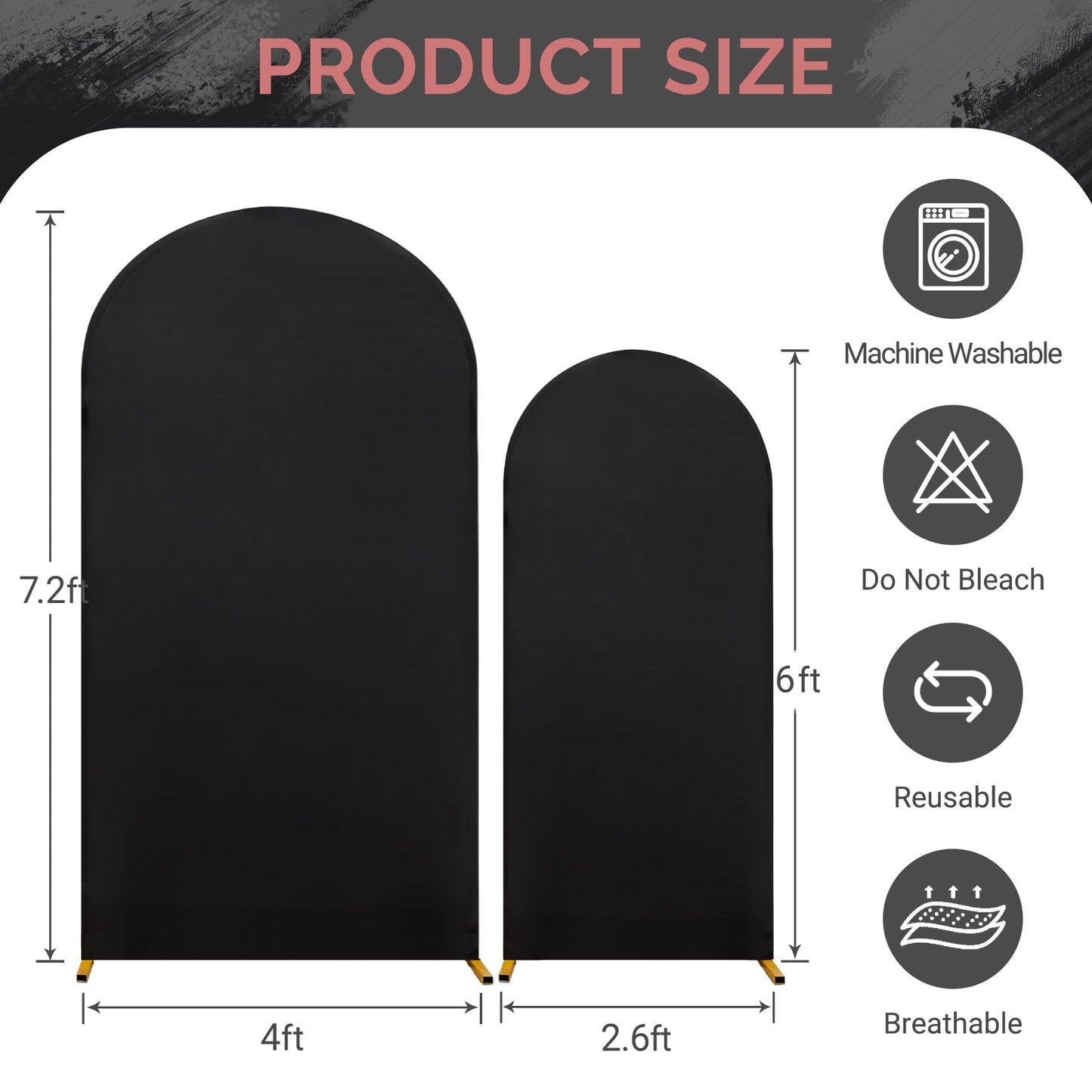 Set of 2 Black Halloween Arch Covers (7.2ft & 6ft) Spandex Stretchy Fitted Arch Backdrop Covers Wrinkle-Free Round Top Chiara Arch Stand Cover for Halloween Wedding Birthday Party Banquet Background
