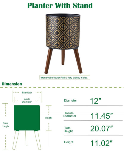 nacltlo12 Inch Plant with Stand Planter for Indoor Plants Large Modern Mid-Century Plant Pots Indoor Outdoor with Drainage for Home Garden Patio,Black and Gold