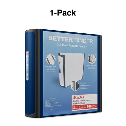 Staples Better Binder, 3" D‑Ring 3‑Ring Binder, Blue, Reinforced Rubber Spine, Heavy‑Duty Design, Holds up to 600 Sheets for School & Office