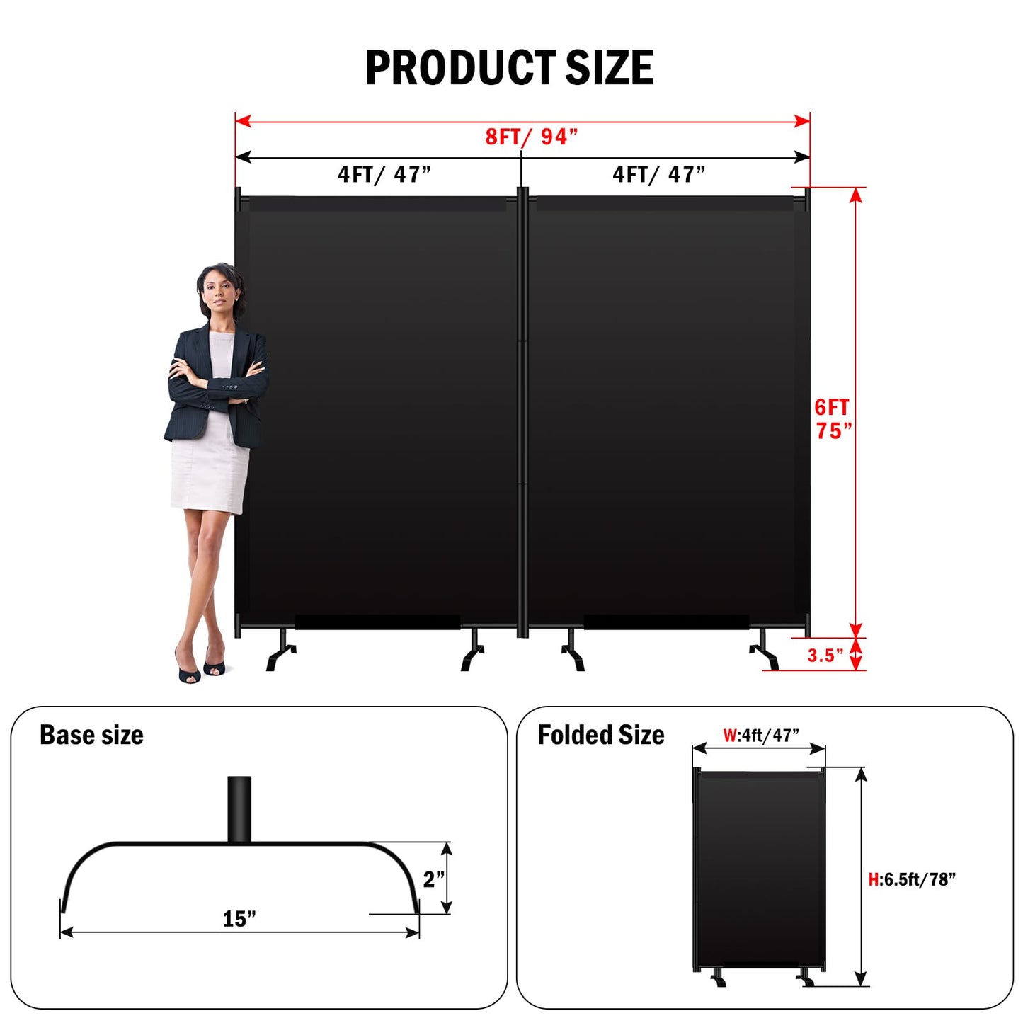 Room Divider Panel, Siebwin 2 Panel Folding Privacy Screens with Wider Feet, 8Ft x 6FT Portable Room Partition for Room Separator, Room Divider Screen Partition Room Dividers Freestanding