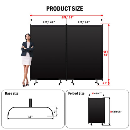 Room Divider Panel, Siebwin 2 Panel Folding Privacy Screens with Wider Feet, 8Ft x 6FT Portable Room Partition for Room Separator, Room Divider Screen Partition Room Dividers Freestanding