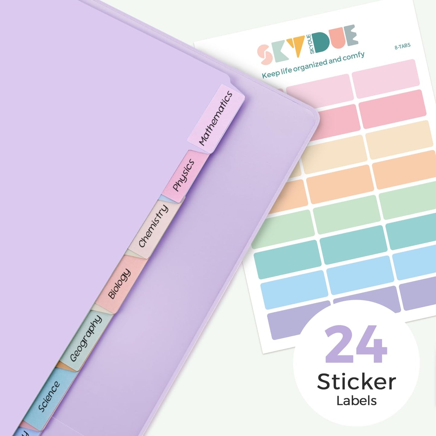SKYDUE 1 Inch 3 Ring Binder with 8 Tab Dividers & 24 Labels, Pastel Binder Organizer for Letter Size Paper, Aesthetic School Binder for Notes, Documents, Office & Home Organization, Purple
