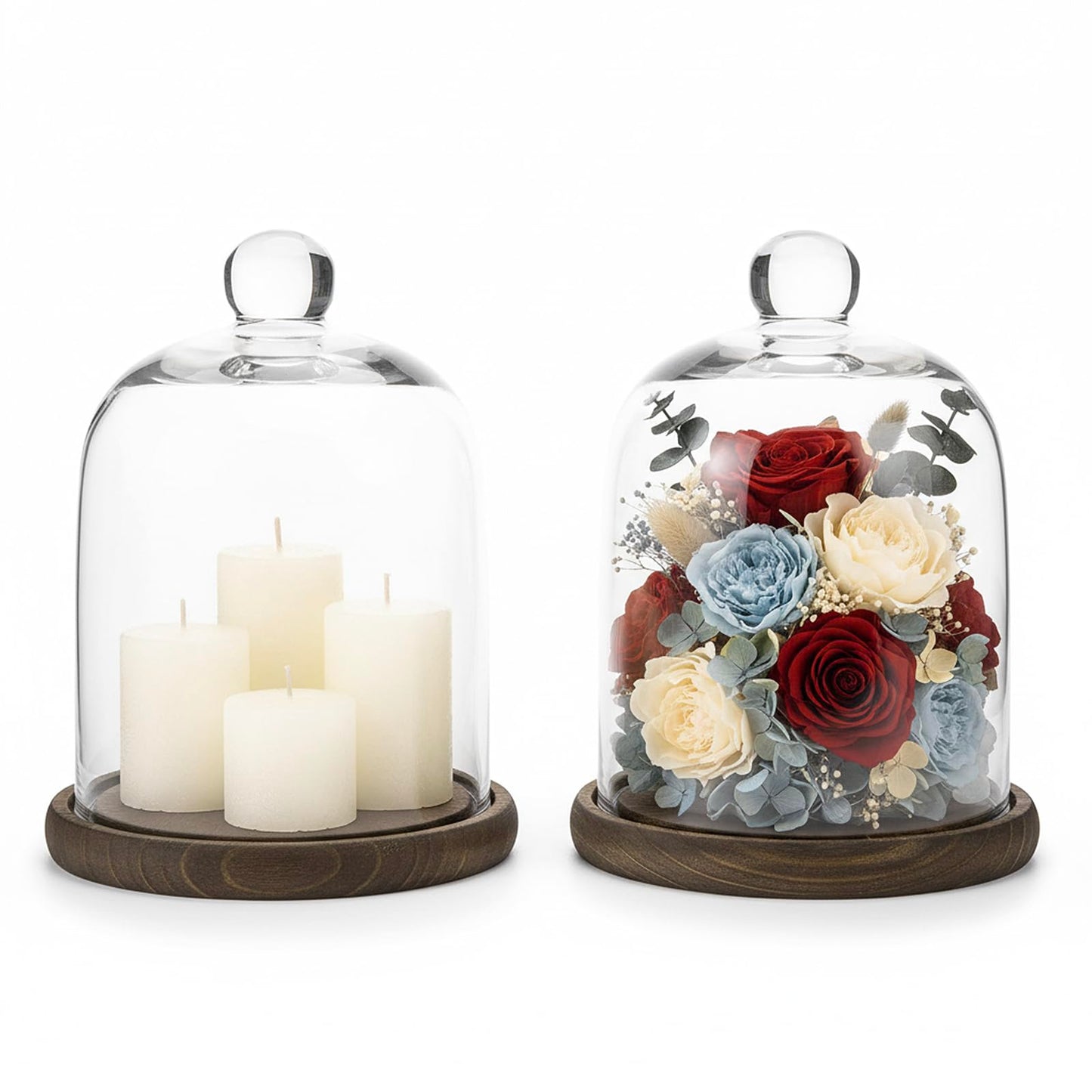 MyGift Clear Cloche Glass Dome, Display Bell Jar with Top Handle and Rustic Brown Solid Wood Base, Set of 2