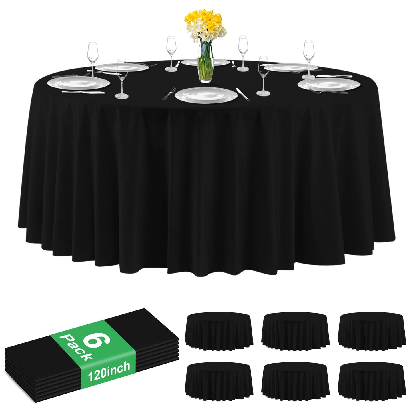 CC-SLZP 6 Pack Premium Red Plastic Table Cloth -120 Inch Round Tablecloth, Disposable Tablecloth Plastic Table Cover for Parties (6,Black,120" Round)