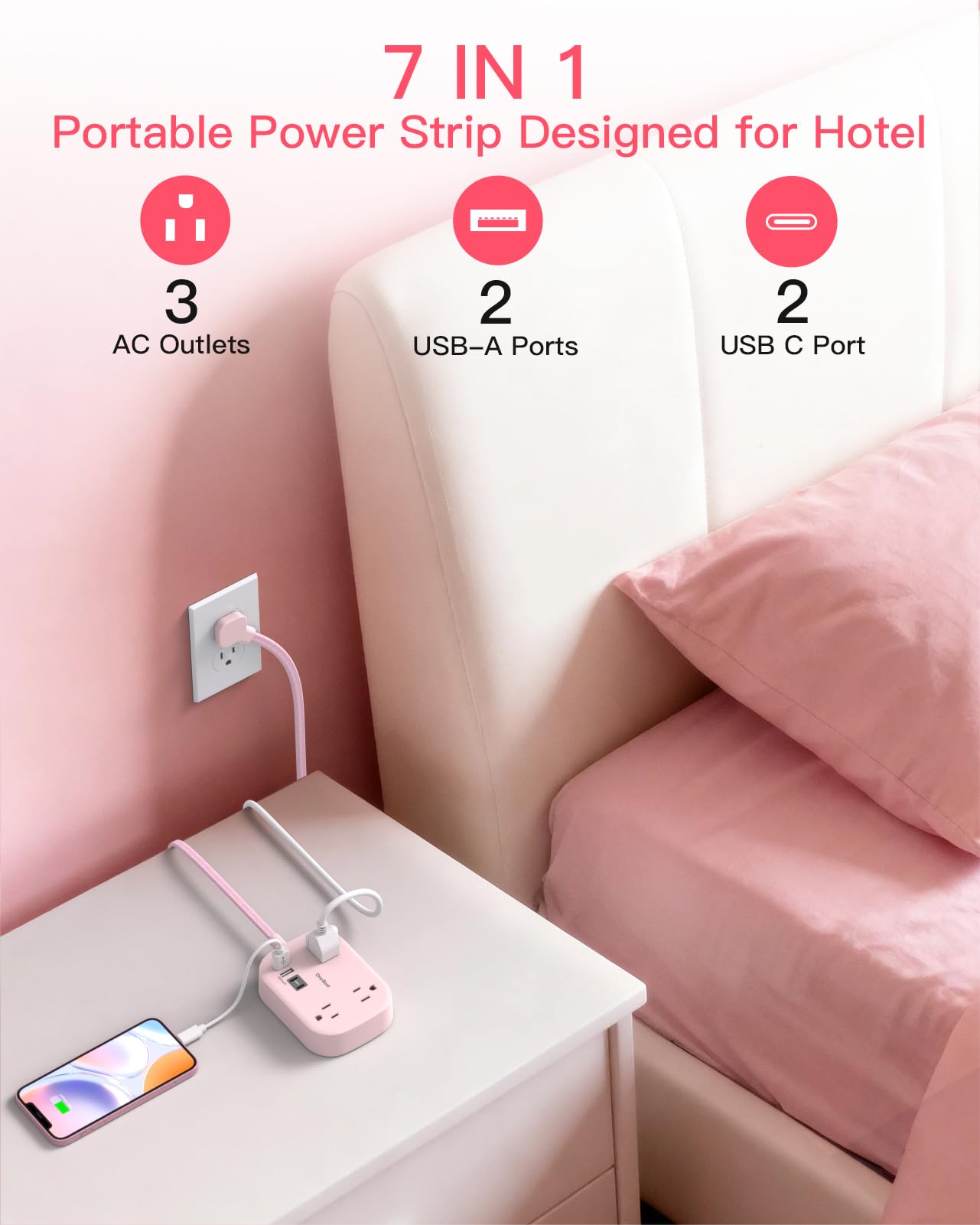 Cruise Essentials 2025,One Beat Travel Power Strip with USB C,Flat Plug Extension Cord with 3 Outlets 4 USB Ports(2 USB C),5 ft Desk Wall Outlet Extender,Non Surge Protector for Cruise,Dorm Room,ETL