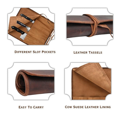 Autentico Leather Knife Roll Bag Professional Chef Knife Case, Durable Knife Sheath Holder, Cooks & Culinary Tools Carrying Storage, Portable Knife Wrap - 4 Slots