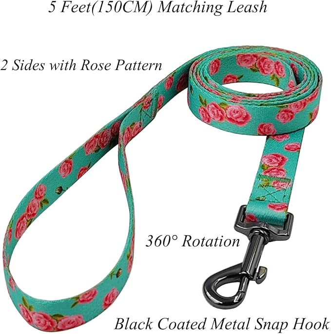 Dog Collar Leash Set, Floral Pattern, Polyester Material, Adjustable Collar and 5ft Matching Leash, for Small Dogs.(S, Green Rose)