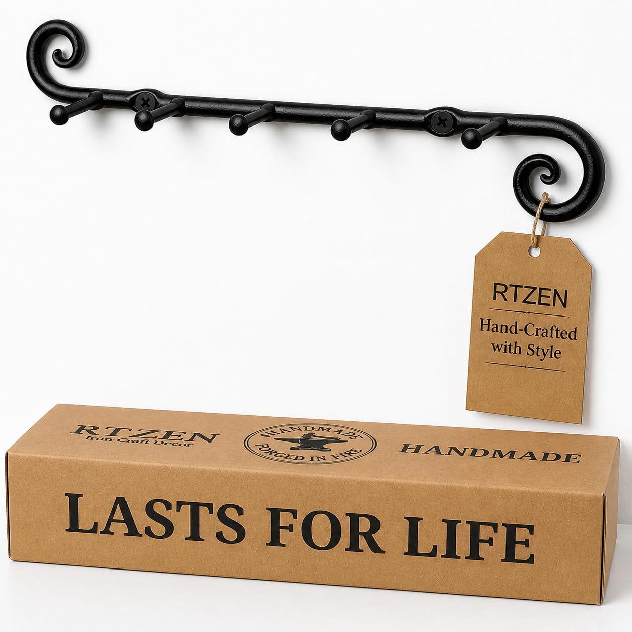 RTZEN Farmhouse Small Key Holder for Wall - Handcrafted Swirl Decorative 5 Key Hooks for Home Entryway - Wrought Iron Wall Mount Rack Purse Coat and Leash Holder or Organizer (Classic Black)